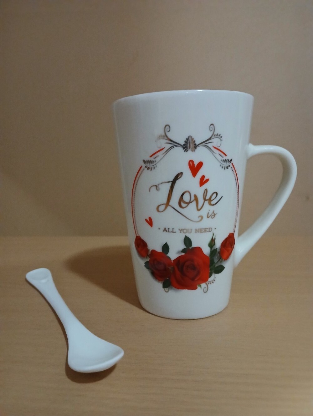 Tall White Ceramic Mug with Spoon. Never Used.